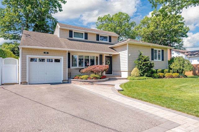 traditional-style home with a gate, fence, driveway, an attached garage, and a front lawn