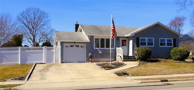 ranch-style home featuring a gate, fence, concrete driveway, a garage, and a chimney