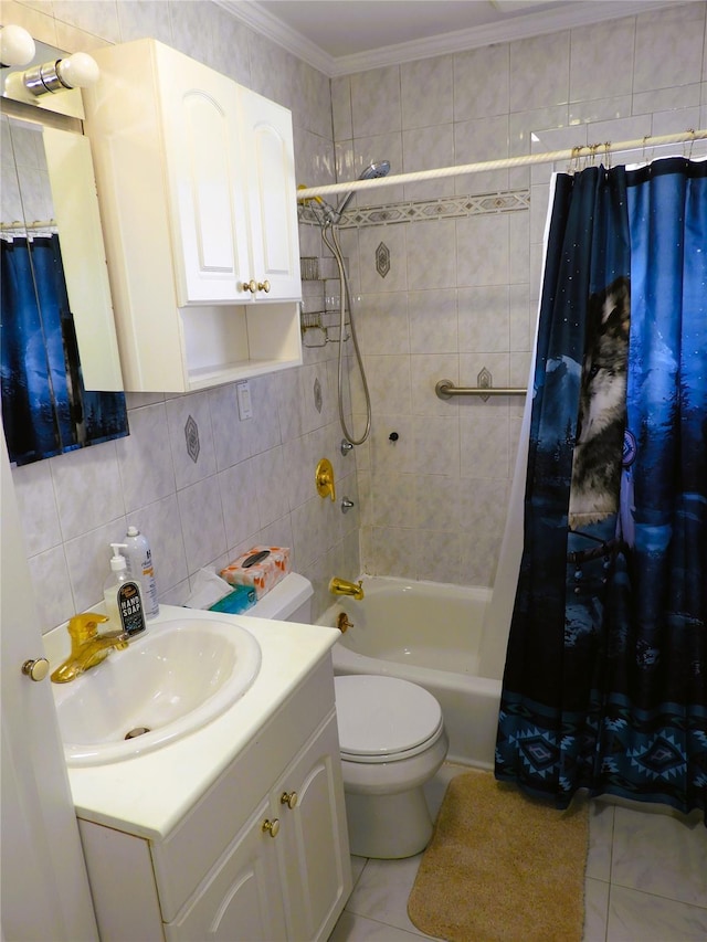 full bath featuring ornamental molding, backsplash, tile walls, shower / bath combination with curtain, and vanity