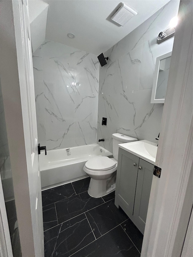 full bathroom with vanity, visible vents,  shower combination, toilet, and marble finish floor