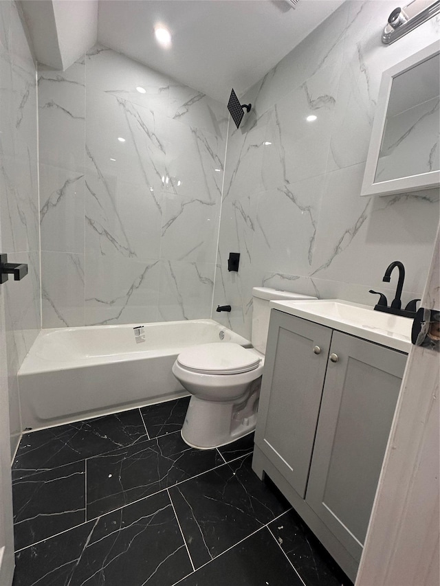 223-45 113th Dr, Queens Village, NY 11429 - bathroom with marble look tile flooring, vanity, and bathing tub / shower combination