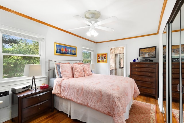 bedroom featuring wood finished floors, multiple windows, ornamental molding, and ceiling fan