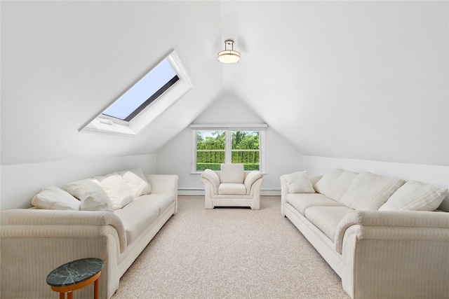 living area featuring vaulted ceiling with skylight, a baseboard heating unit, carpet, and a baseboard radiator