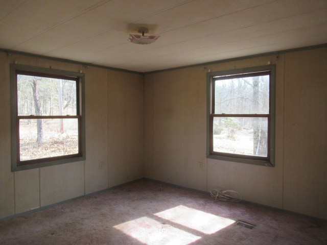 empty room featuring a wealth of natural light, visible vents, and light colored carpet