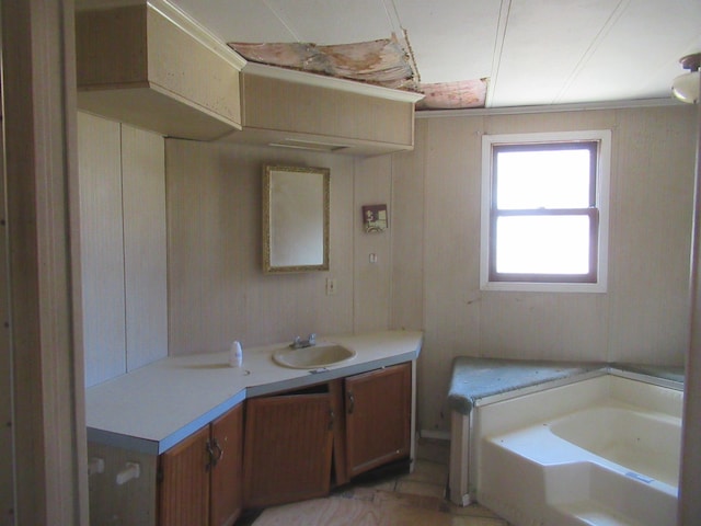 bathroom with a garden tub and vanity