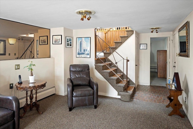 stairs featuring baseboards, baseboard heating, and carpet flooring