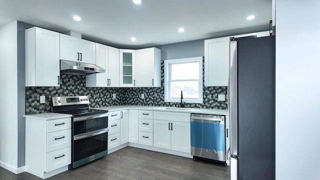 12 Meridian Rd, Levittown, NY 11756 - kitchen with dark wood finished floors, a sink, stainless steel appliances, light countertops, and under cabinet range hood