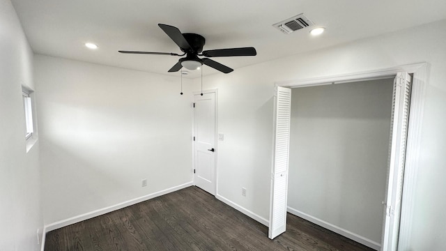 12 Meridian Rd, Levittown, NY 11756 - unfurnished bedroom featuring visible vents, a ceiling fan, recessed lighting, baseboards, and dark wood-style flooring