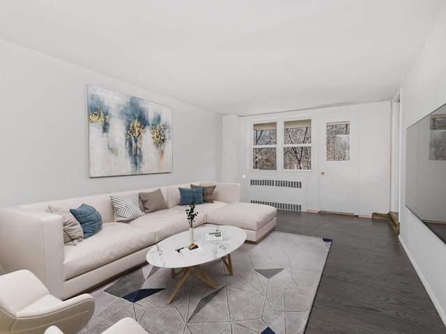 living room with radiator, baseboards, and wood finished floors