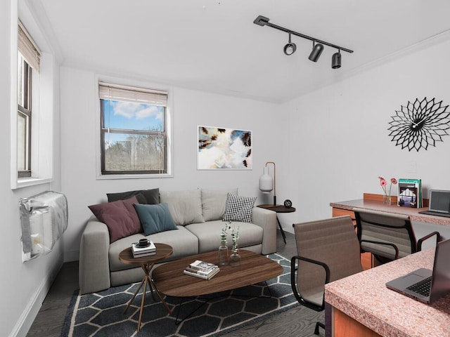 living room featuring track lighting, baseboards, and wood finished floors