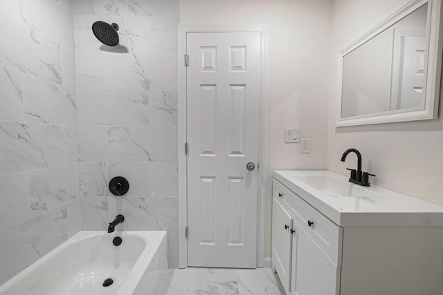 full bathroom with marble finish floor, bathtub / shower combination, and vanity