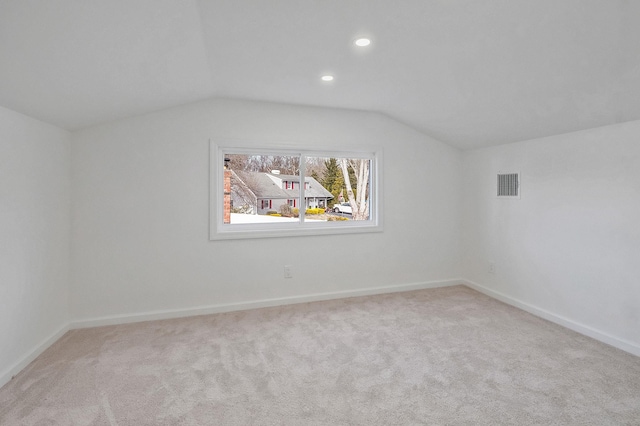 bonus room featuring visible vents, recessed lighting, carpet, baseboards, and vaulted ceiling