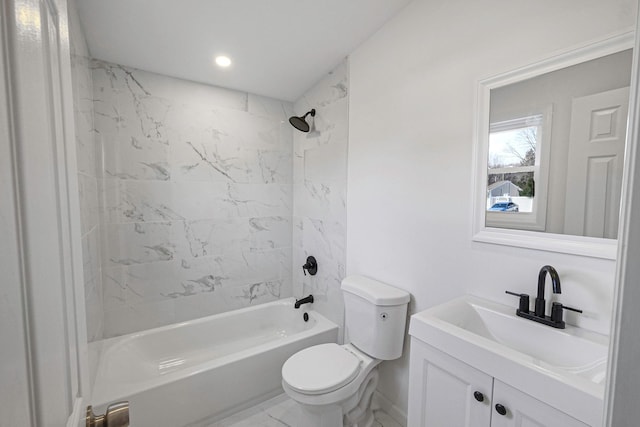 bathroom featuring toilet, shower / bath combination, recessed lighting, marble finish floor, and vanity