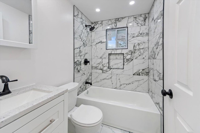 bathroom with vanity,  shower combination, recessed lighting, toilet, and marble finish floor