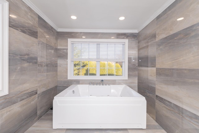 bathroom featuring tile walls, a garden tub, recessed lighting, and crown molding