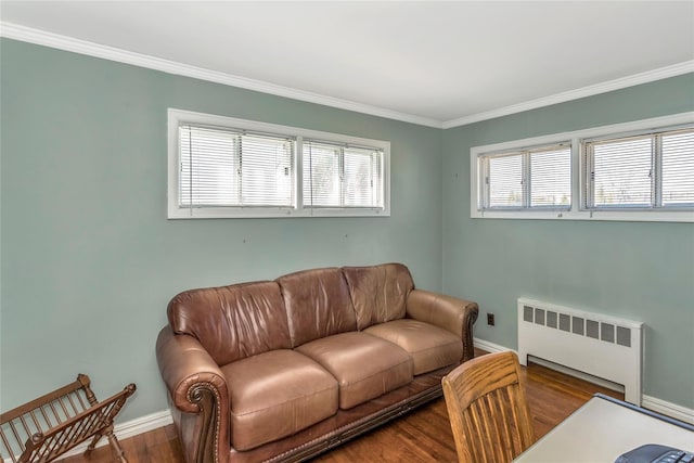 living area with radiator heating unit, wood finished floors, baseboards, and a healthy amount of sunlight