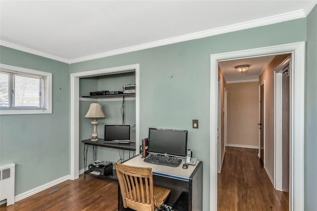 office featuring radiator, crown molding, baseboards, and wood finished floors