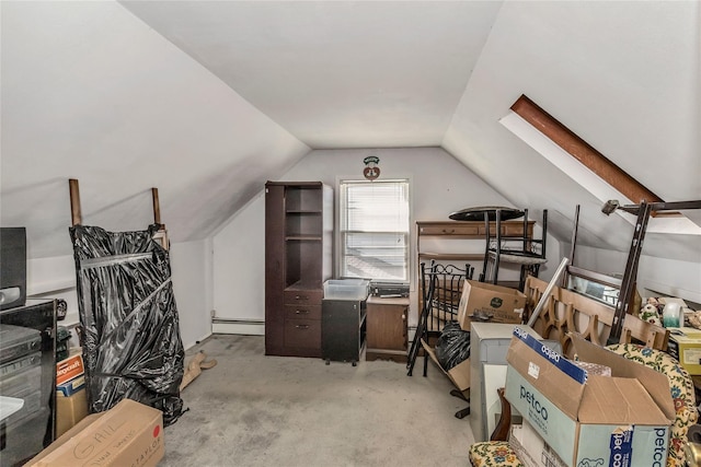 bonus room featuring vaulted ceiling, carpet, and a baseboard radiator