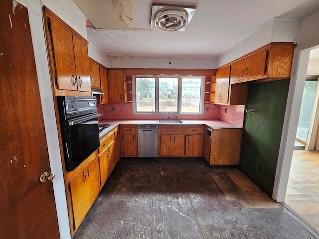 kitchen with oven, open shelves, dishwasher, and brown cabinetry