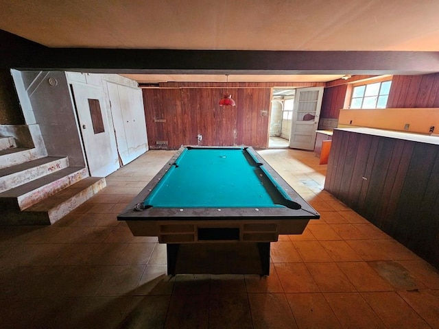 playroom with beamed ceiling, billiards, and wooden walls