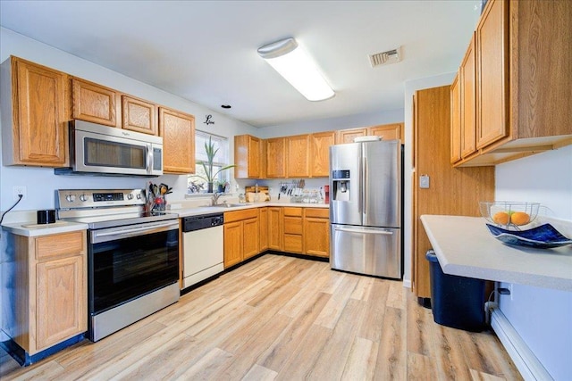 kitchen featuring light countertops, light wood-style floors, visible vents, and stainless steel appliances