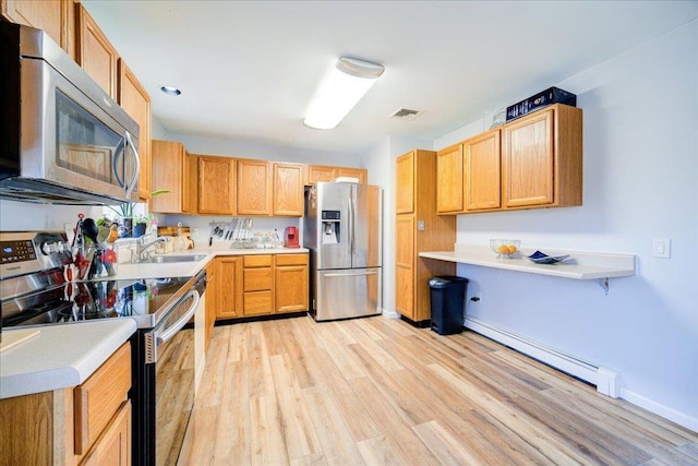 kitchen with a sink, a baseboard heating unit, light wood-style floors, appliances with stainless steel finishes, and light countertops