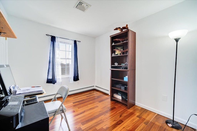 office featuring wood finished floors, visible vents, and baseboards