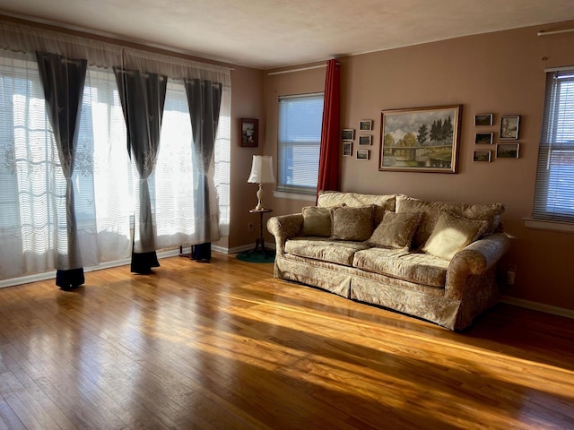 living area featuring hardwood / wood-style flooring, plenty of natural light, and baseboards