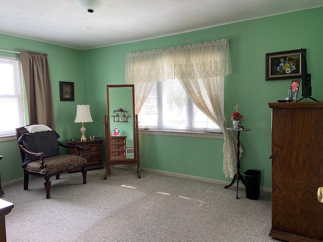 living area featuring baseboards, plenty of natural light, and carpet