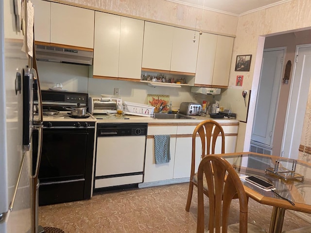 kitchen with gas stove, white dishwasher, freestanding refrigerator, under cabinet range hood, and crown molding