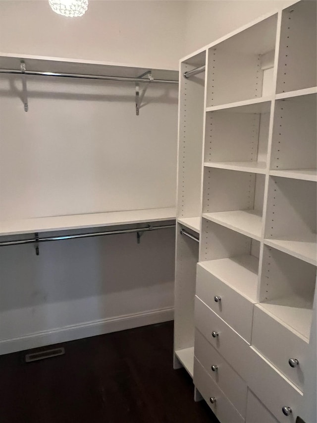 spacious closet with dark wood finished floors