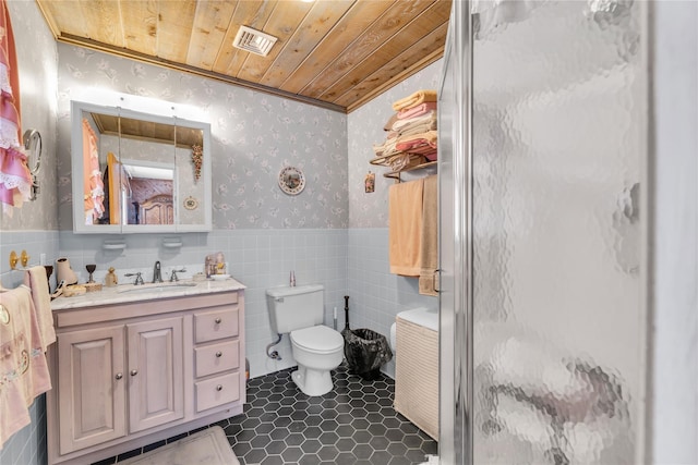 full bathroom with a shower stall, visible vents, wooden ceiling, wainscoting, and wallpapered walls