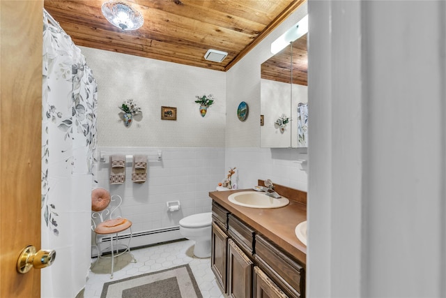 full bath with wooden ceiling, a sink, toilet, wainscoting, and a baseboard heating unit
