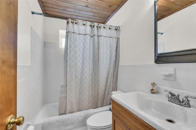 full bathroom featuring tile walls, toilet, shower / tub combo with curtain, wood ceiling, and vanity