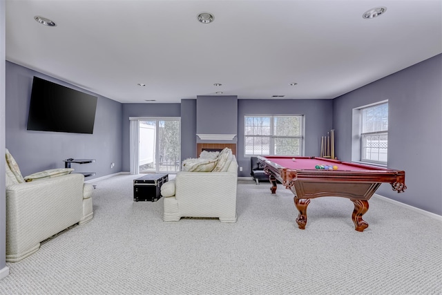 recreation room with baseboards, billiards, and carpet