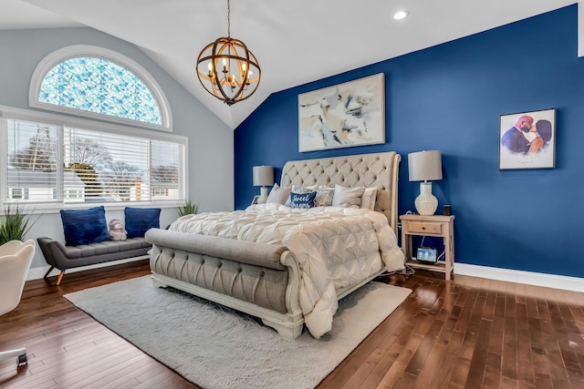 bedroom featuring baseboards, an inviting chandelier, recessed lighting, hardwood / wood-style flooring, and vaulted ceiling