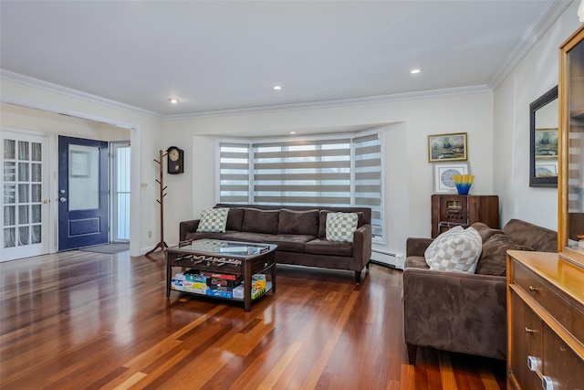 living room featuring dark wood-style floors, baseboard heating, recessed lighting, and ornamental molding