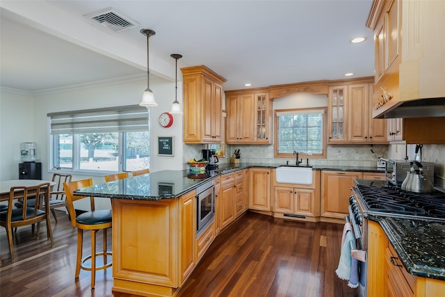 kitchen with visible vents, a sink, range hood, a peninsula, and appliances with stainless steel finishes