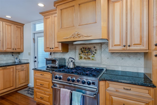 kitchen with dark stone countertops, custom exhaust hood, a toaster, dark wood-style flooring, and high end stainless steel range oven