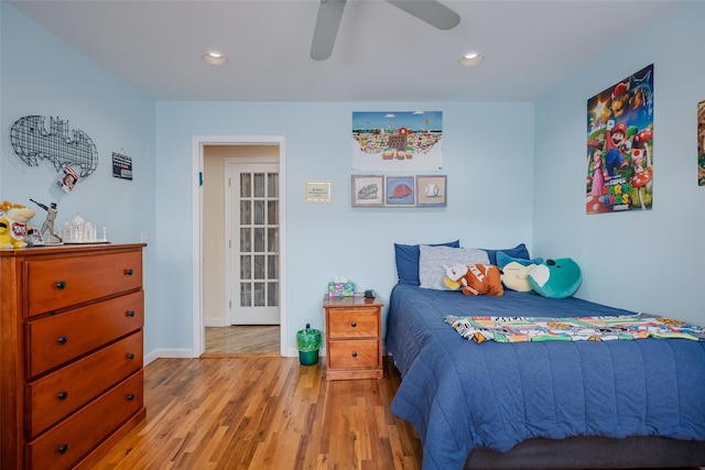 bedroom with recessed lighting, baseboards, ceiling fan, and wood finished floors