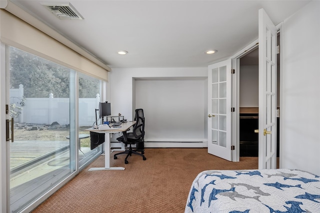 bedroom featuring visible vents, access to outside, a baseboard heating unit, french doors, and carpet floors