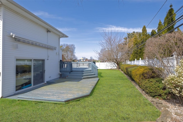 view of yard featuring a fenced backyard and a deck