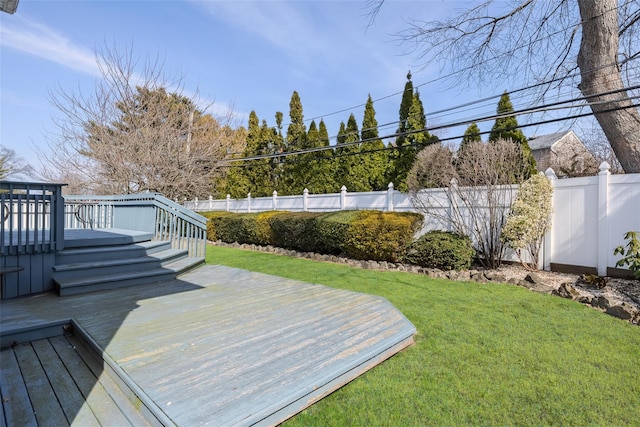 wooden deck with a yard and a fenced backyard