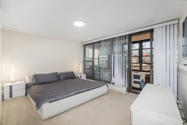 bedroom with light colored carpet and access to exterior