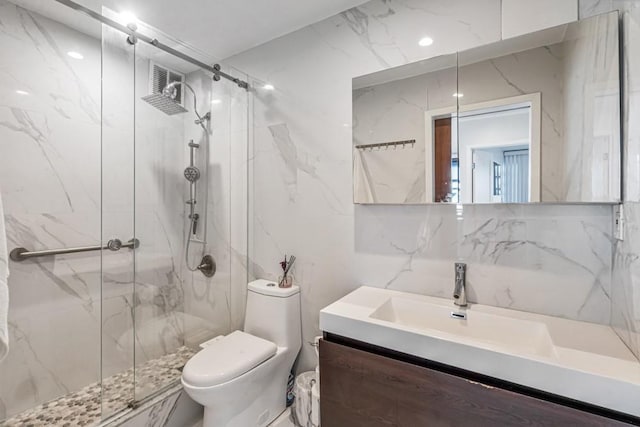 full bathroom featuring vanity, a marble finish shower, tile walls, toilet, and backsplash