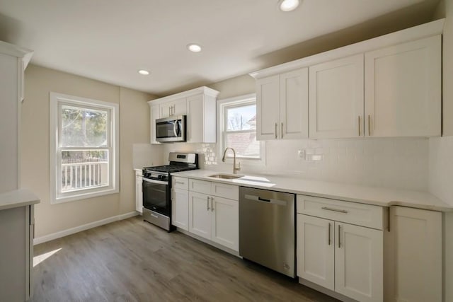 kitchen with wood finished floors, a sink, decorative backsplash, stainless steel appliances, and white cabinets