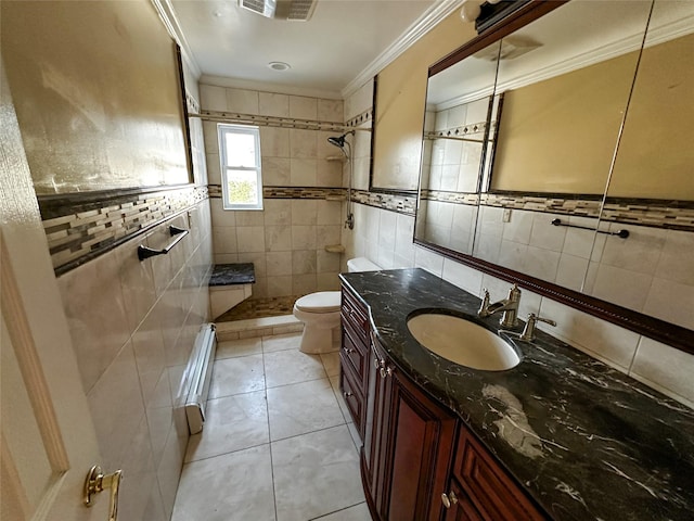 full bath featuring tile walls, toilet, tiled shower, and ornamental molding