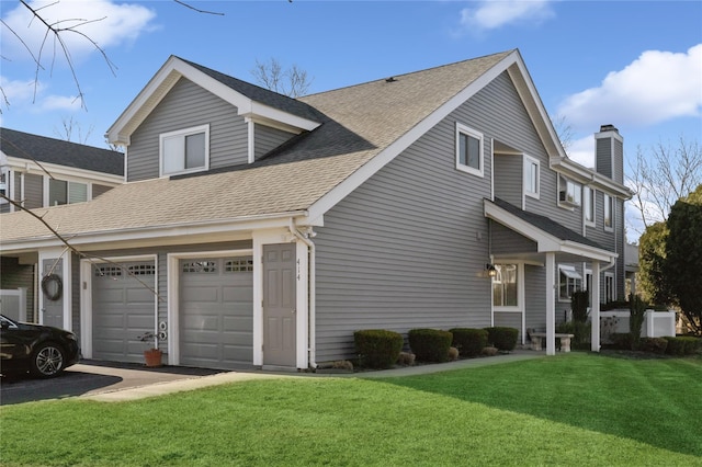 view of side of property with aphalt driveway, a lawn, and roof with shingles