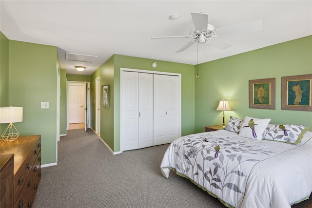 bedroom with carpet flooring, baseboards, a closet, and ceiling fan