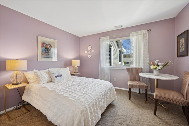 bedroom featuring visible vents, baseboards, and carpet floors